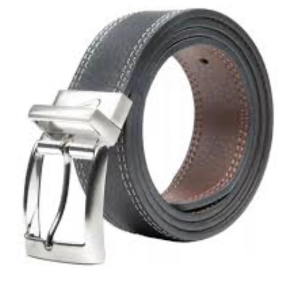 NIKE Men Double Row Stitched Reversible Leather Belt Black/White Silver Buckle
